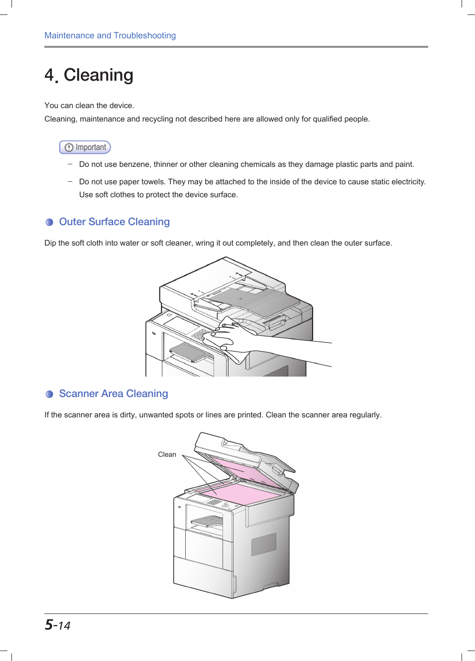 Cleaning, Outer surface cleaning, Scanner area cleaning | Cleaning -14, Outer surface cleaning -14, Scanner area cleaning -14, Cleaning」 (p. 5-14) | Sindoh M612 User Manual | Page 240 / 284