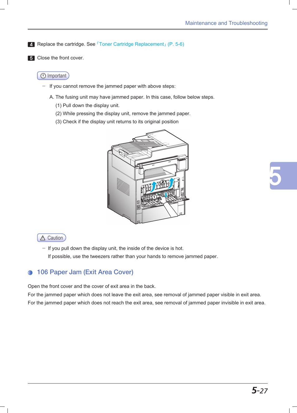 106 paper jam (exit area cover), 106 paper jam (exit area cover) -27, 106 paper jam」 (p. 5-27) | Sindoh M612 User Manual | Page 253 / 284