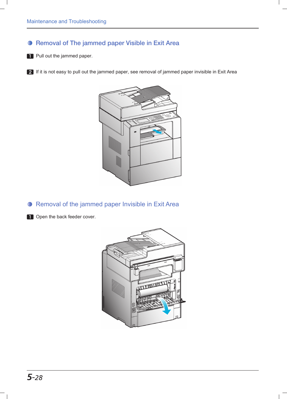 Removal of the jammed paper visible in exit area, Removal of the jammed paper invisible in exit area | Sindoh M612 User Manual | Page 254 / 284
