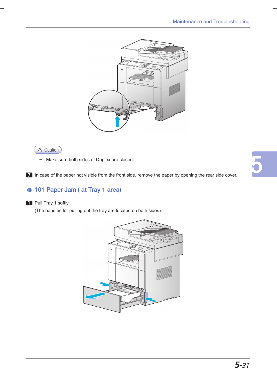 101 paper jam ( at tray 1 area), 101 paper jam ( at tray 1 area) -31 | Sindoh M612 User Manual | Page 257 / 284