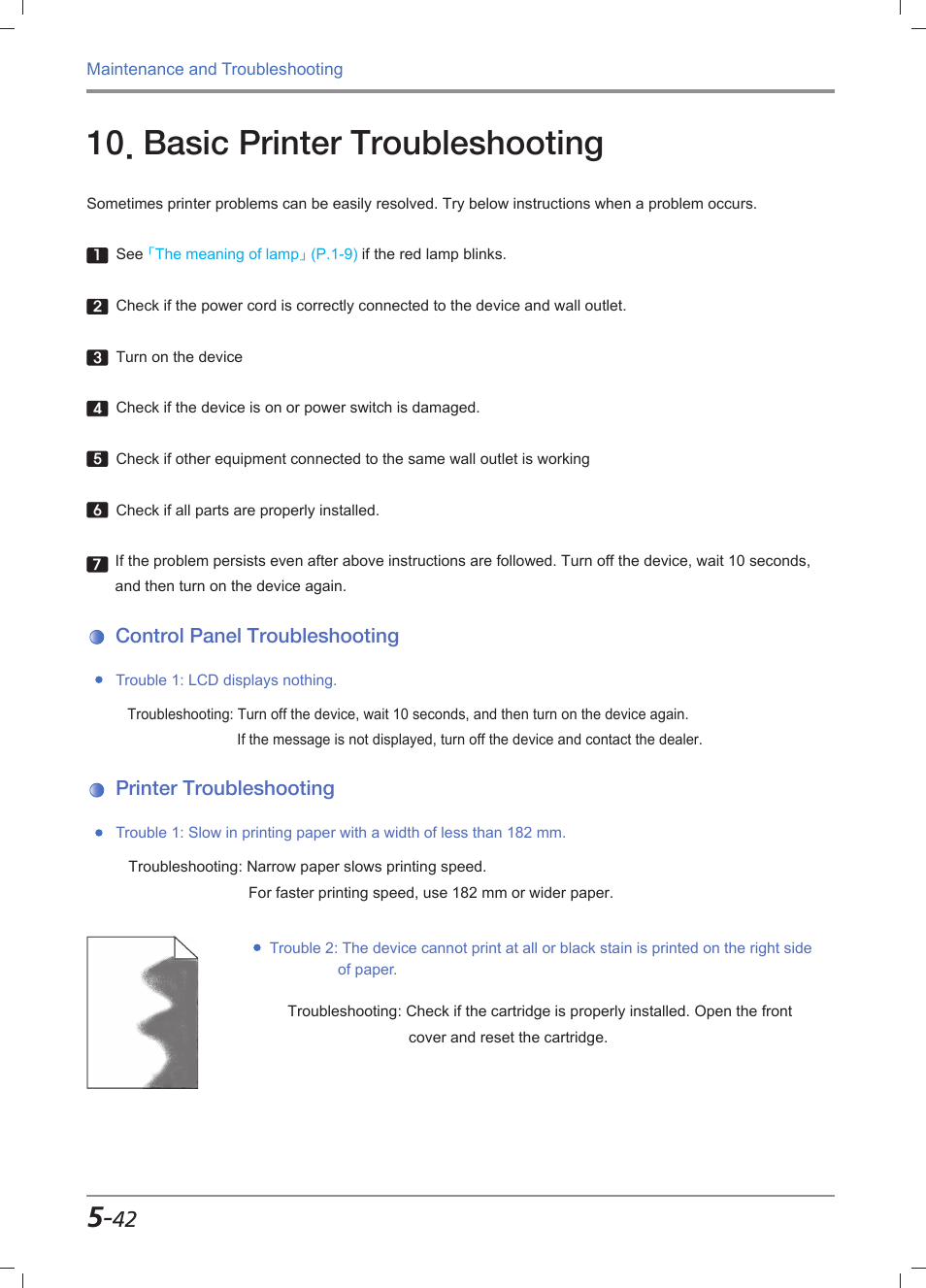 Basic printer troubleshooting, Control panel troubleshooting, Printer troubleshooting | Basic printer troubleshooting -42, Control panel troubleshooting -42, Printer troubleshooting -42 | Sindoh M612 User Manual | Page 268 / 284