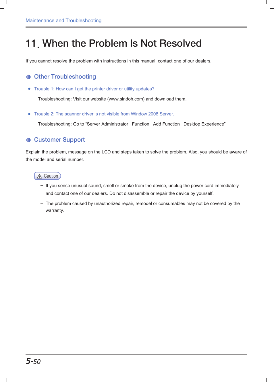 When the problem is not resolved, Other troubleshooting, Customer support | When the problem is not resolved -50, Other troubleshooting -50, Customer support -50 | Sindoh M612 User Manual | Page 276 / 284
