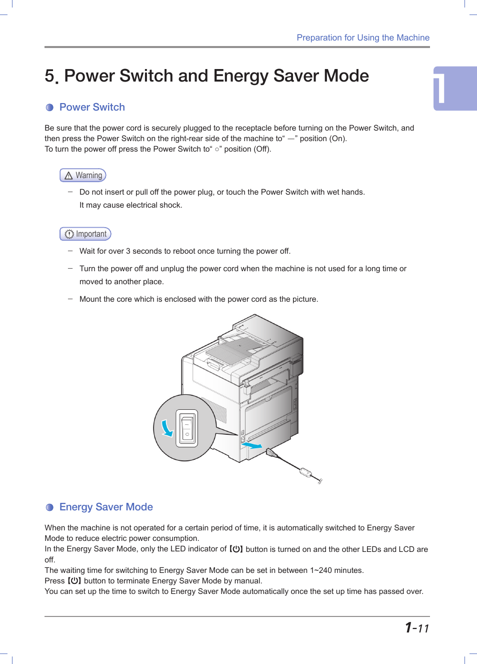 Power switch and energy saver mode, Power switch, Energy saver mode | Power switch and energy saver mode -11, Power switch -11, Energy saver mode -11 | Sindoh M612 User Manual | Page 41 / 284