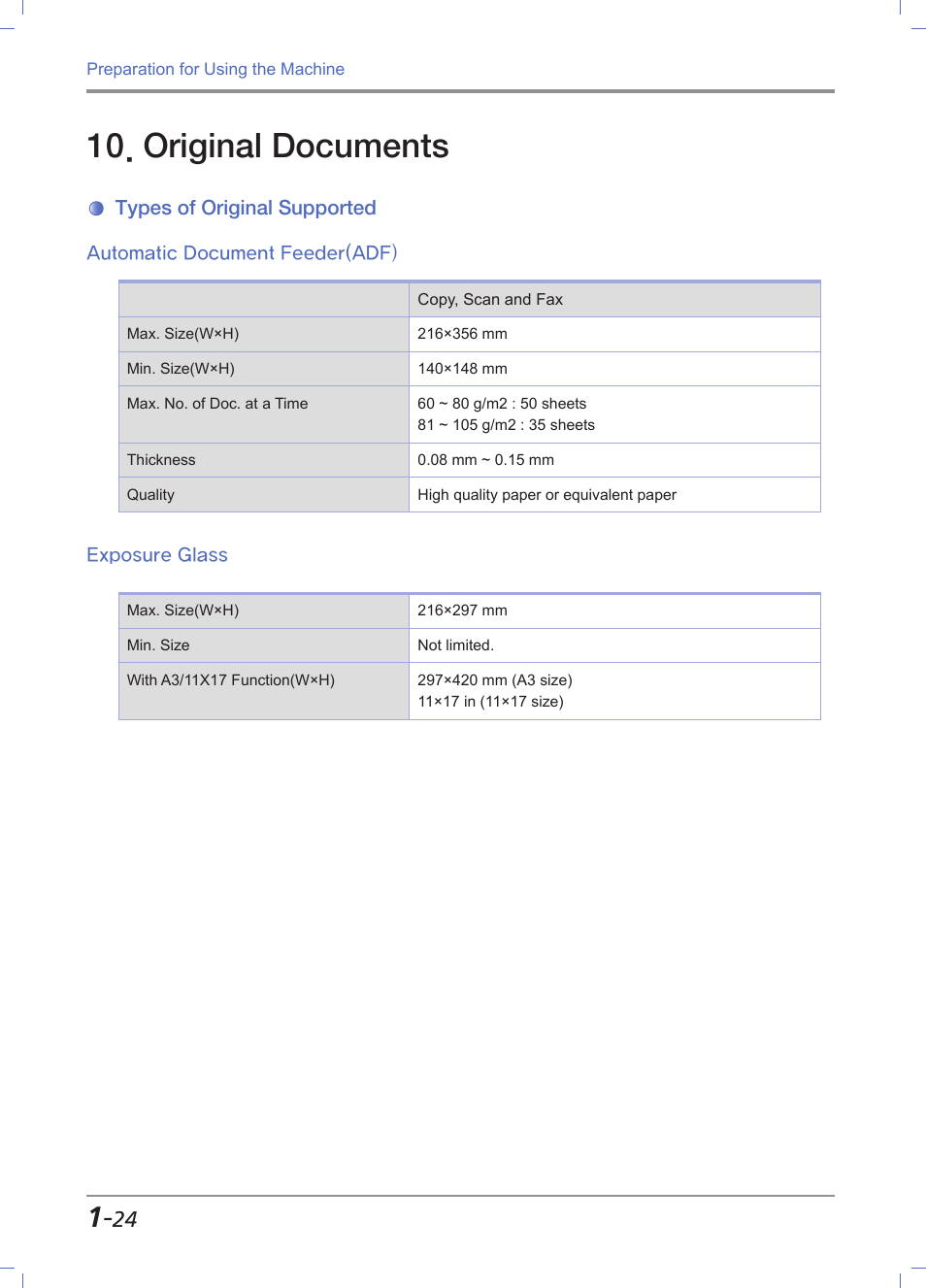 Original documents, Types of original supported, Automatic document feeder(adf) | Exposure glass, Original documents -24, Types of original supported -24, Automatic document feeder(adf) -24, Exposure glass -24 | Sindoh M612 User Manual | Page 54 / 284