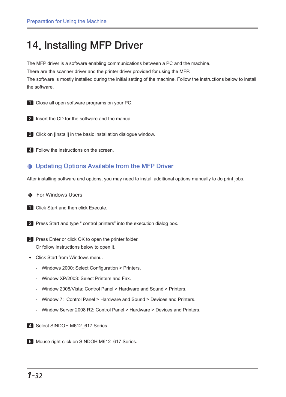 Installing mfp driver, Updating options available from the mfp driver, Installing mfp driver -32 | Updating options available from the mfp driver -32 | Sindoh M612 User Manual | Page 62 / 284