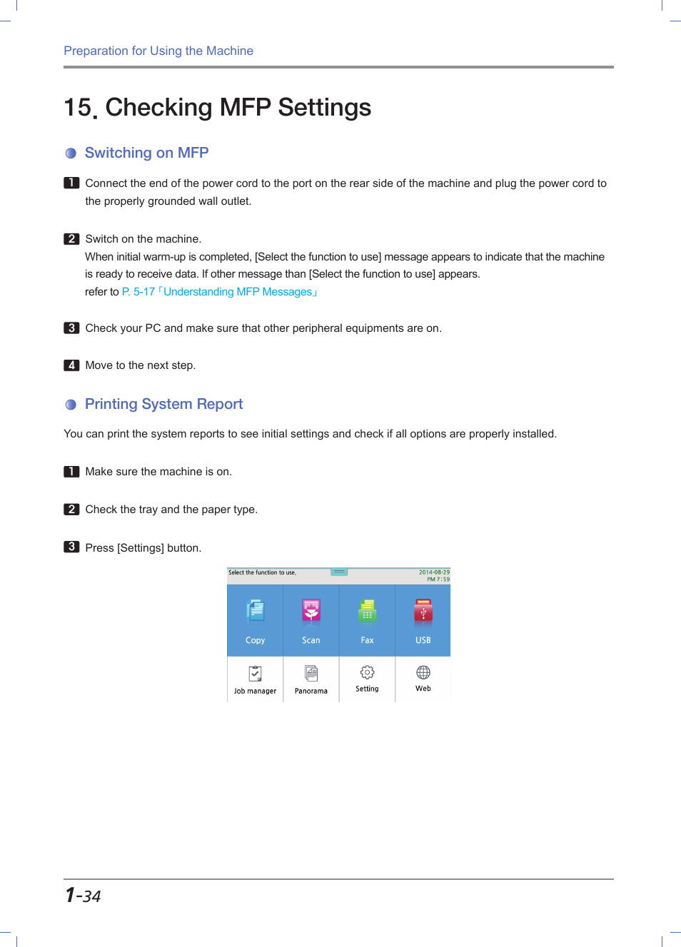 Checking mfp settings, Switching on mfp, Printing system report | Checking mfp settings -34, Switching on mfp -34, Printing system report -34 | Sindoh M612 User Manual | Page 64 / 284