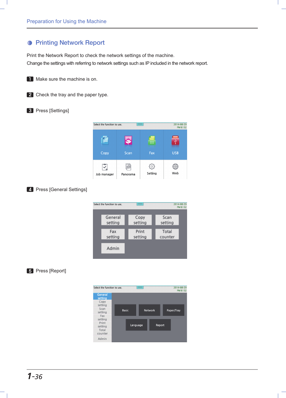 Printing network report, Printing network report -36 | Sindoh M612 User Manual | Page 66 / 284