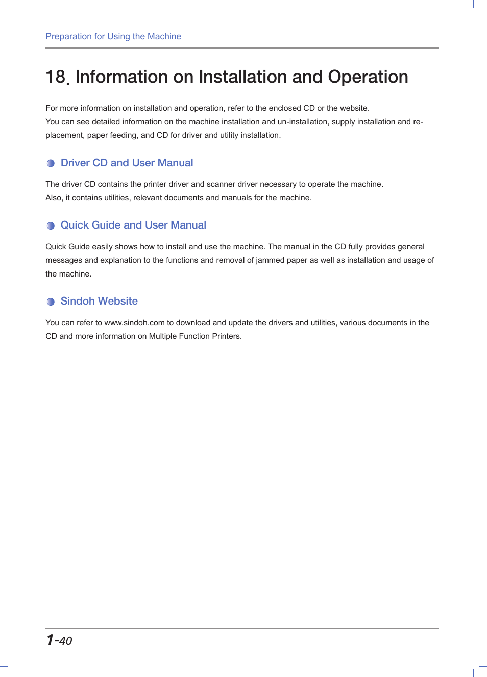 Information on installation and operation, Driver cd and user manual, Quick guide and user manual | Sindoh website, Information on installation and operation -40, Driver cd and user manual -40, Quick guide and user manual -40, Sindoh website -40 | Sindoh M612 User Manual | Page 70 / 284
