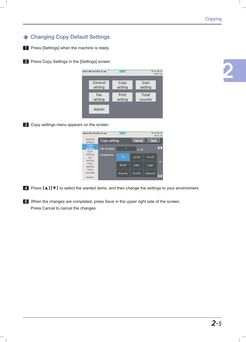 Changing copy default settings, Changing copy default settings -5 | Sindoh M612 User Manual | Page 75 / 284