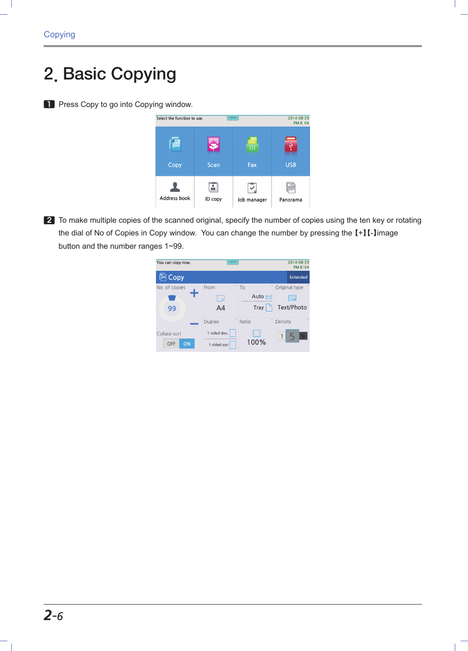 Basic copying, Basic copying -6, For more information, refer to | P. 2-6 ~ p | Sindoh M612 User Manual | Page 76 / 284