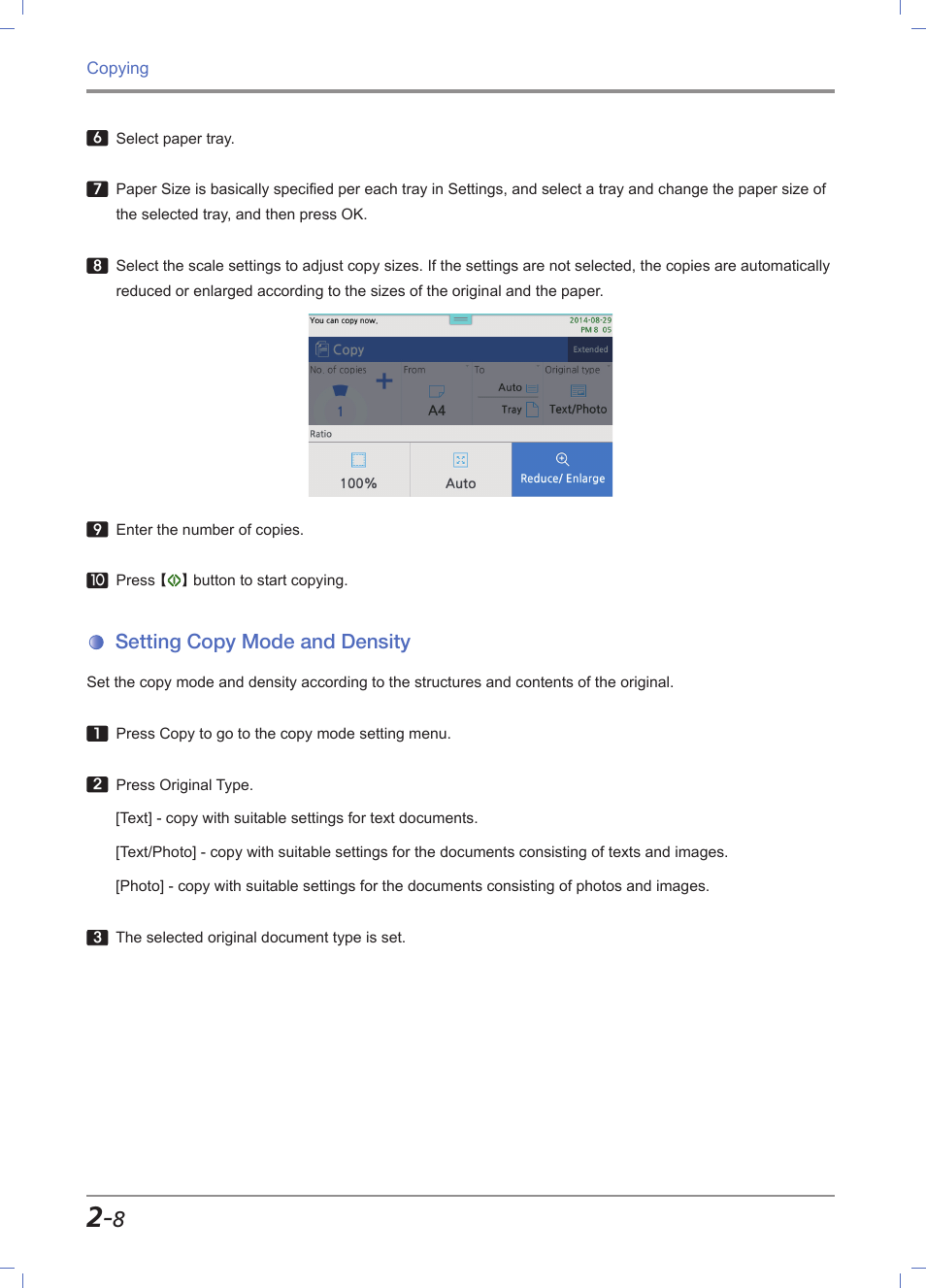 Setting copy mode and density, Setting copy mode and density -8 | Sindoh M612 User Manual | Page 78 / 284
