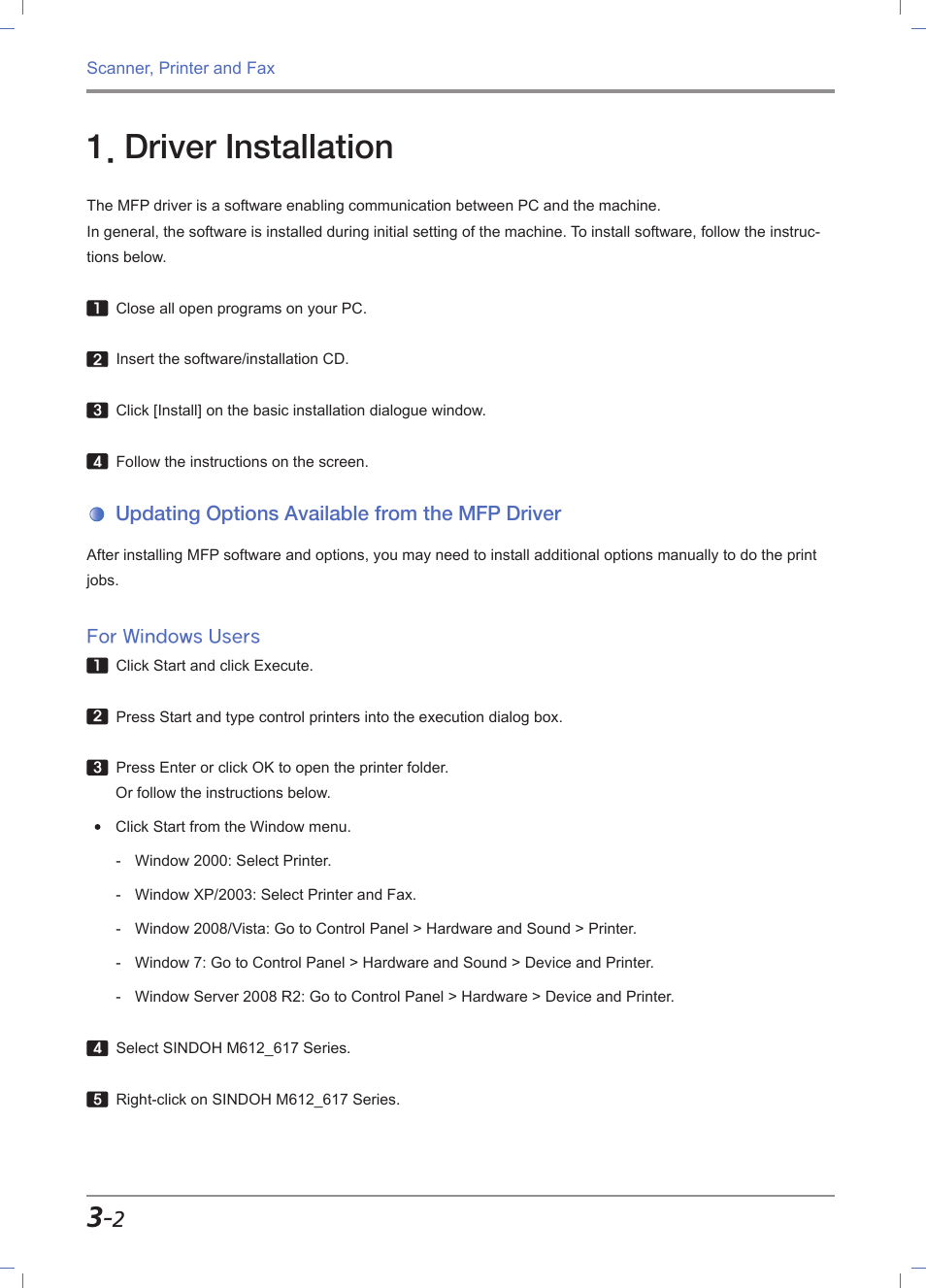 Driver installation, Updating options available from the mfp driver, For windows users | Driver installation -2, Updating options available from the mfp driver -2, For windows users -2 | Sindoh M612 User Manual | Page 90 / 284