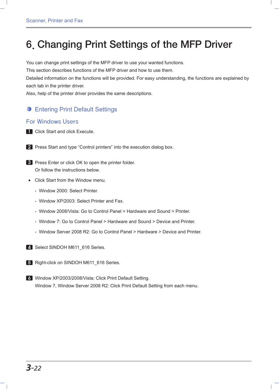 Changing print settings of the mfp driver, Entering print default settings, For windows users | Changing print settings of the mfp driver -22, Entering print default settings -22, For windows users -22 | Sindoh M611 User Manual | Page 106 / 258