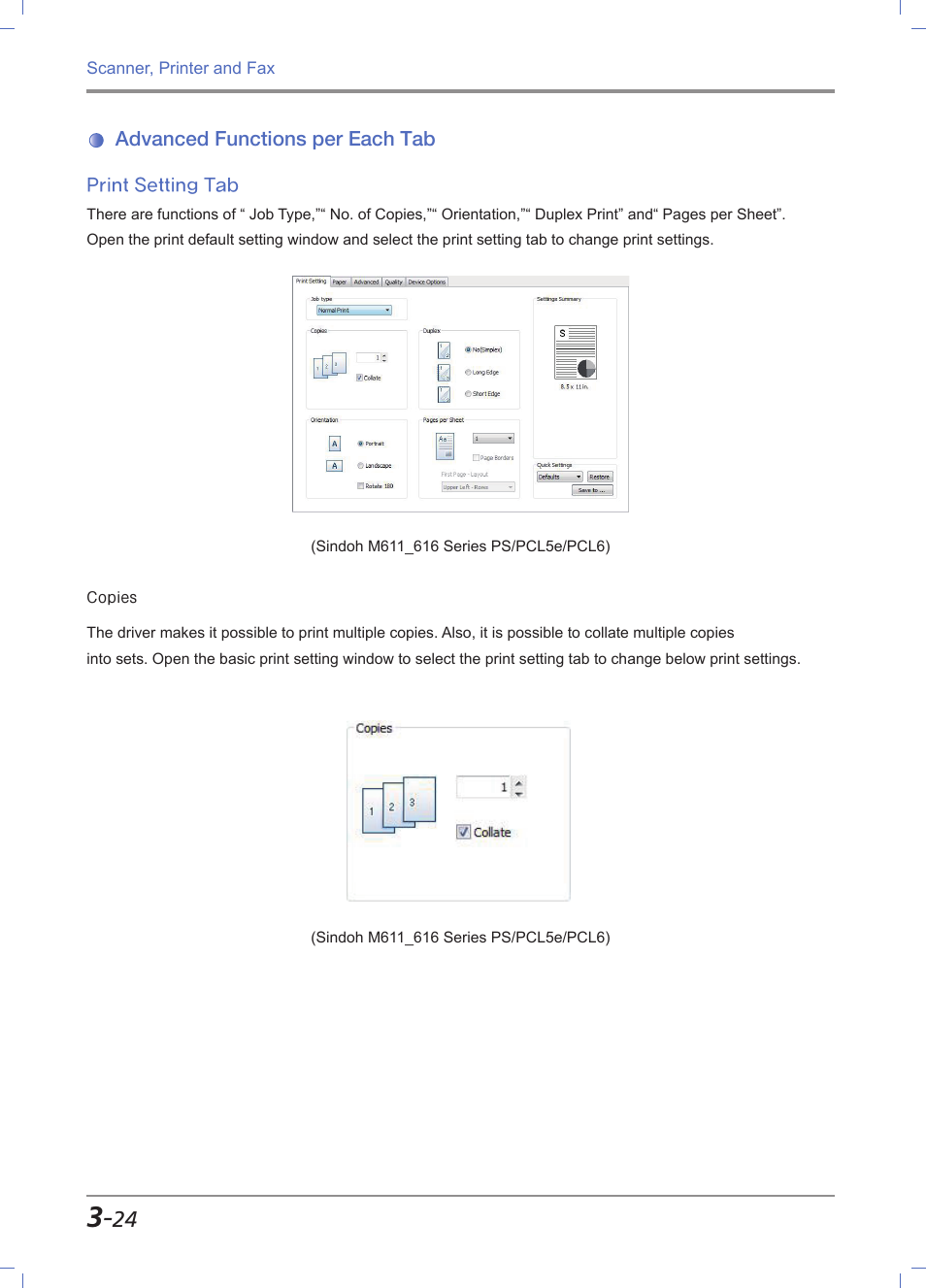 Advanced functions per each tab, Print setting tab, Advanced functions per each tab -24 | Print setting tab -24 | Sindoh M611 User Manual | Page 108 / 258