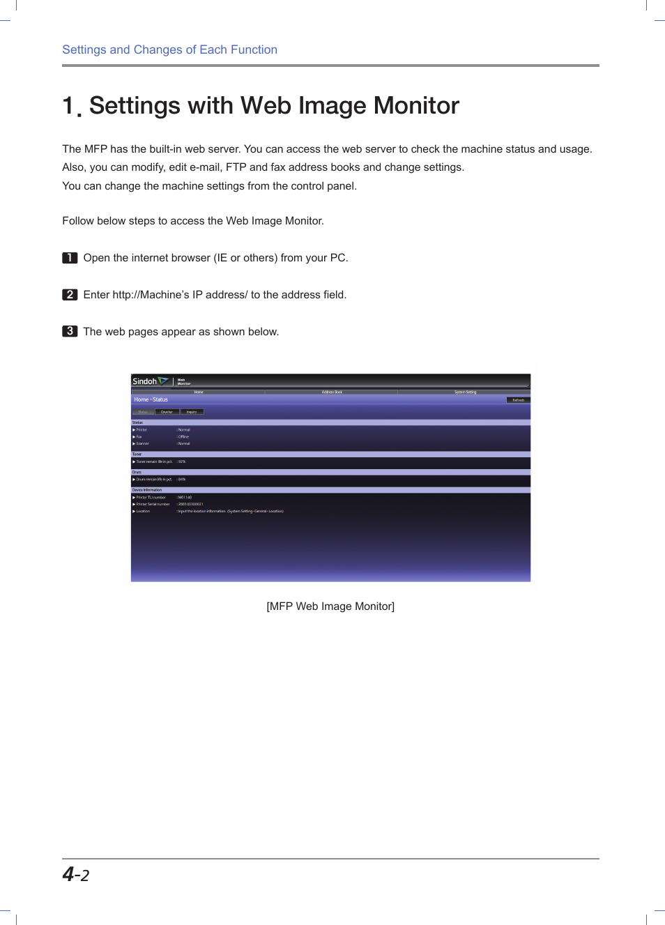 Settings with web image monitor, Settings with web image monitor -2, For how to access to the machine web refer to | Setting with web image monitor」 (p. 4-2), Settings with web image monitor」 (p. 4-2), For how to access the machine`s web site, refer to | Sindoh M611 User Manual | Page 140 / 258