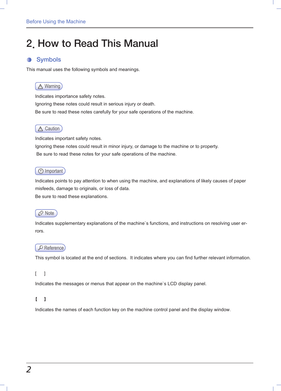 How to read this manual, Symbols | Sindoh M611 User Manual | Page 16 / 258