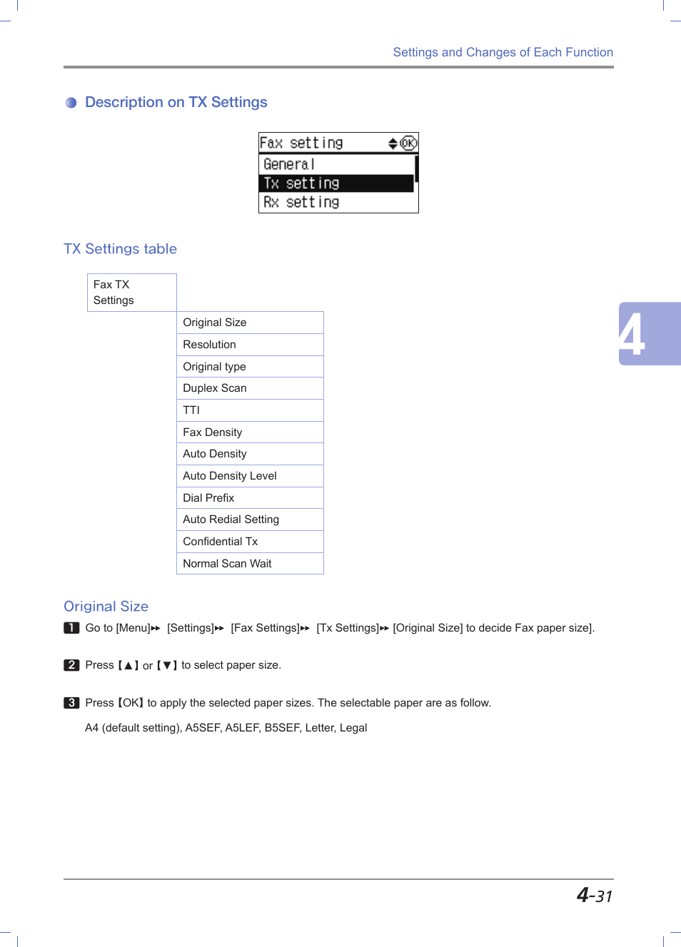 Description on tx settings, Tx settings table, Original size | Description on tx settings -31, Tx settings table -31 | Sindoh M611 User Manual | Page 169 / 258