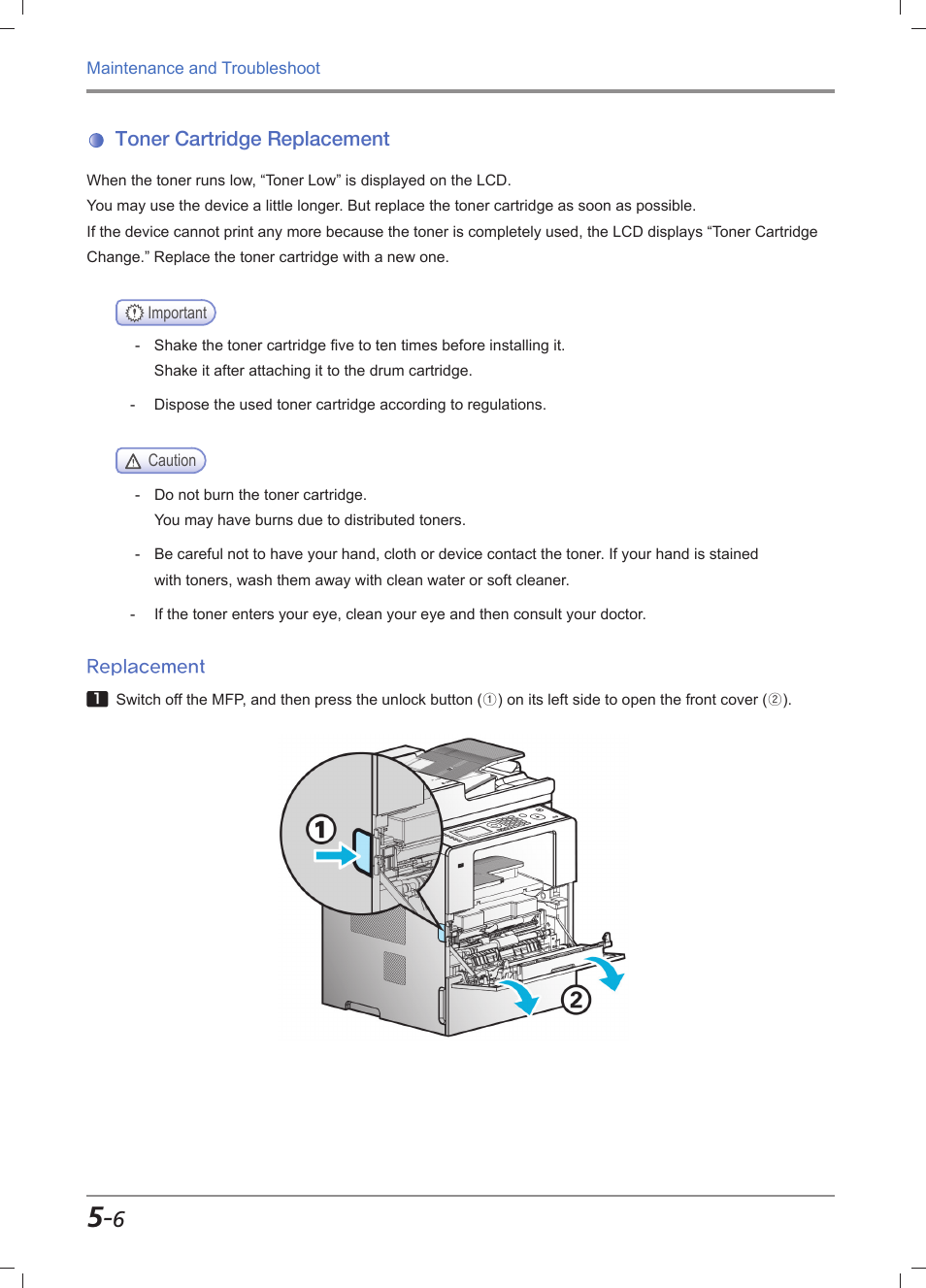 Toner cartridge replacement, Replacement, Toner cartridge replacement -6 | Replacement -6, Cartridge replacement」 (p. 5-6), For more information, see, Toner cartridge replacement」 (p. 5-6) | Sindoh M611 User Manual | Page 206 / 258