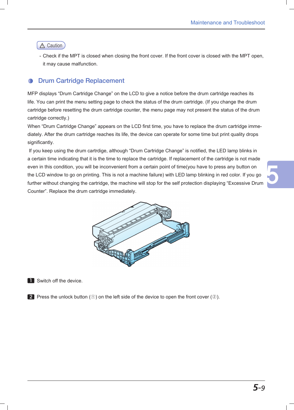 Drum cartridge replacement, Drum cartridge replacement -9, For more information, see | Drum cartridge replacement」 (p. 5-9) | Sindoh M611 User Manual | Page 209 / 258