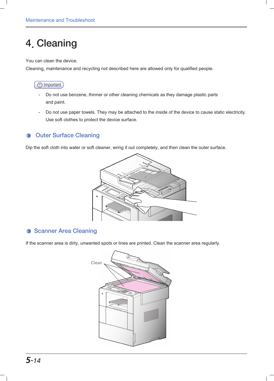 Cleaning, Outer surface cleaning, Scanner area cleaning | Cleaning -14, Outer surface cleaning -14, Scanner area cleaning -14, Cleaning」 (p. 5-14) | Sindoh M611 User Manual | Page 214 / 258