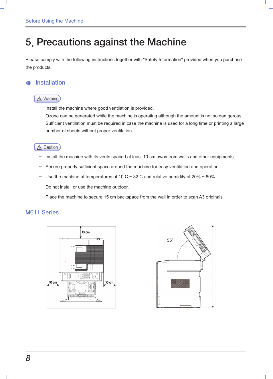 Precautions against the machine, Installation, M611 series | Sindoh M611 User Manual | Page 22 / 258