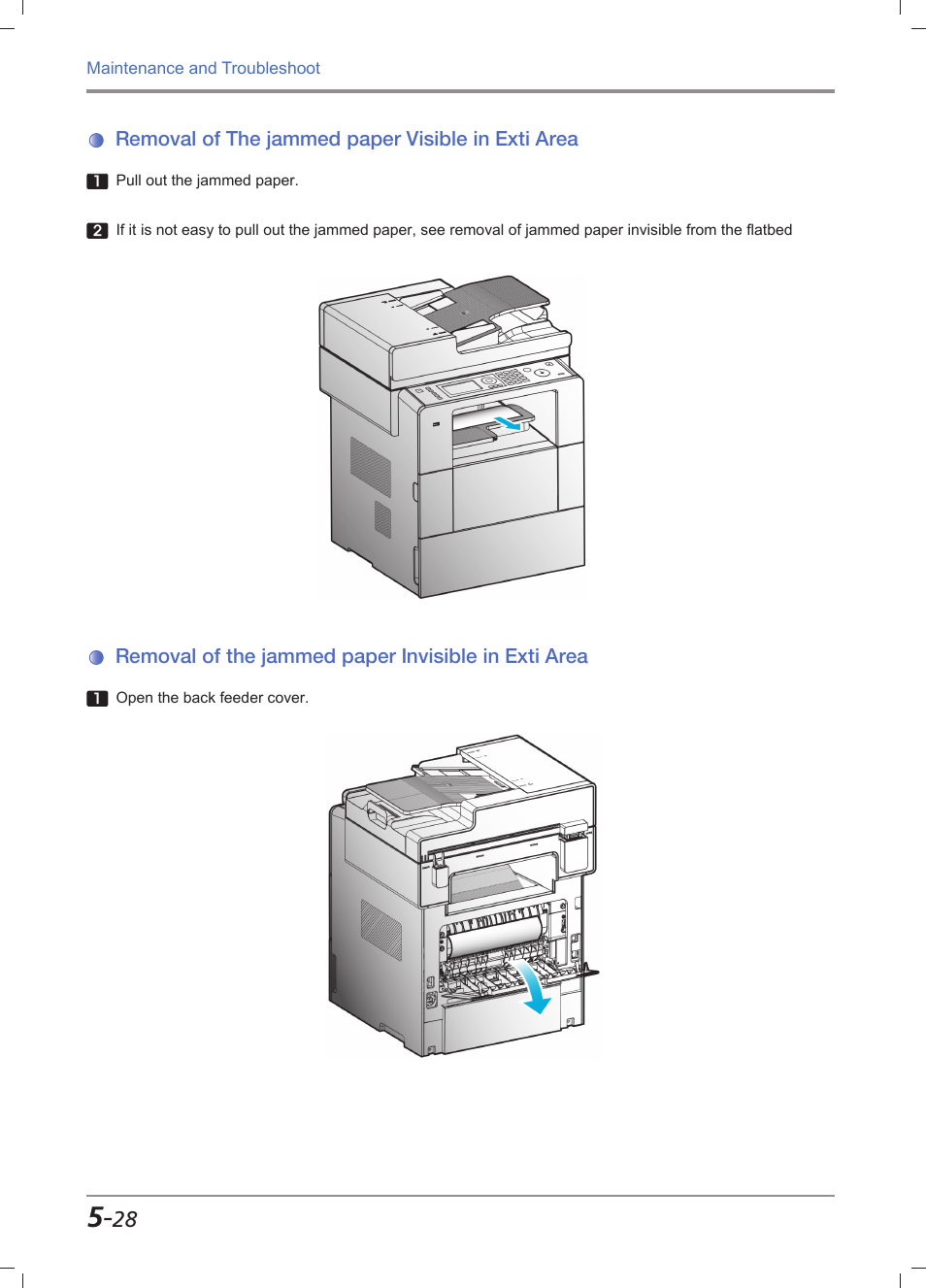 Removal of the jammed paper visible in exti area, Removal of the jammed paper invisible in exti area | Sindoh M611 User Manual | Page 228 / 258