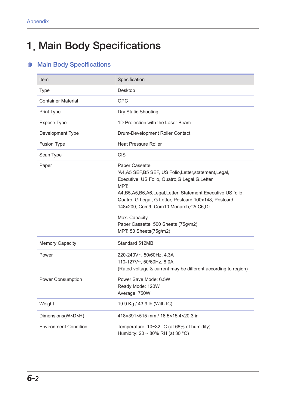 Main body specifications, Main body specifications -2 | Sindoh M611 User Manual | Page 252 / 258