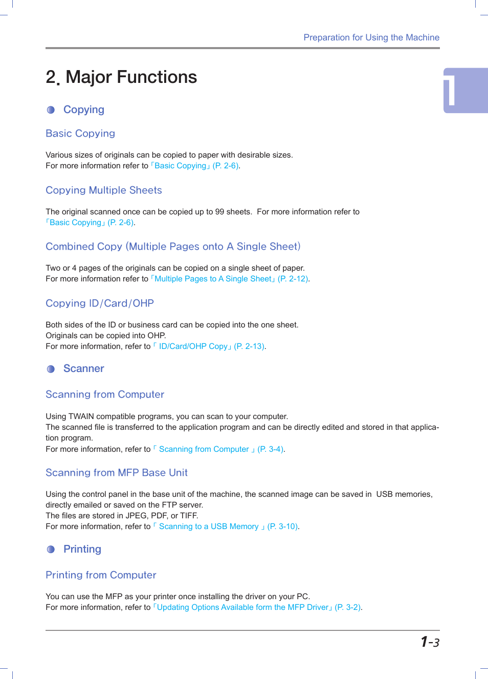 Major functions, Copying, Basic copying | Copying multiple sheets, Copying id/card/ohp, Scanner, Scanning from computer, Scanning from mfp base unit, Printing, Printing from computer | Sindoh M611 User Manual | Page 31 / 258