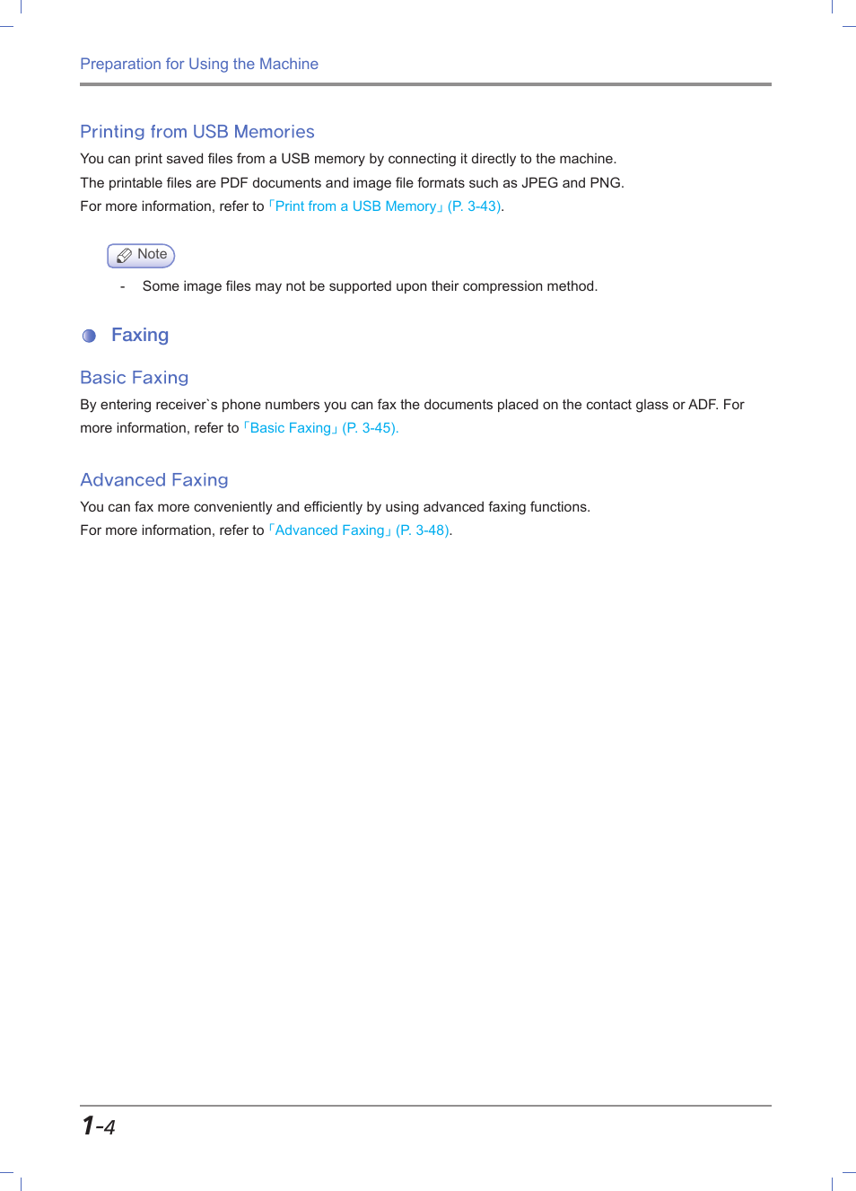 Printing from usb memories, Faxing, Basic faxing | Advanced faxing, Printing from usb memories -4, Faxing -4, Basic faxing -4, Advance faxing -4 | Sindoh M611 User Manual | Page 32 / 258