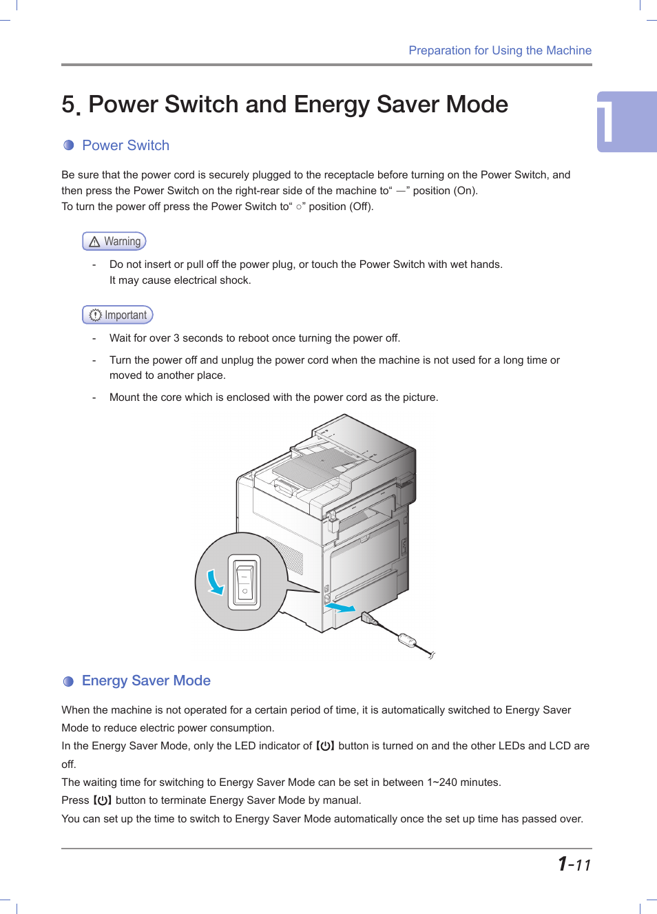 Power switch and energy saver mode, Power switch, Energy saver mode | Power switch and energy saver mode -11, Power switch -11, Energy saver mode -11 | Sindoh M611 User Manual | Page 39 / 258