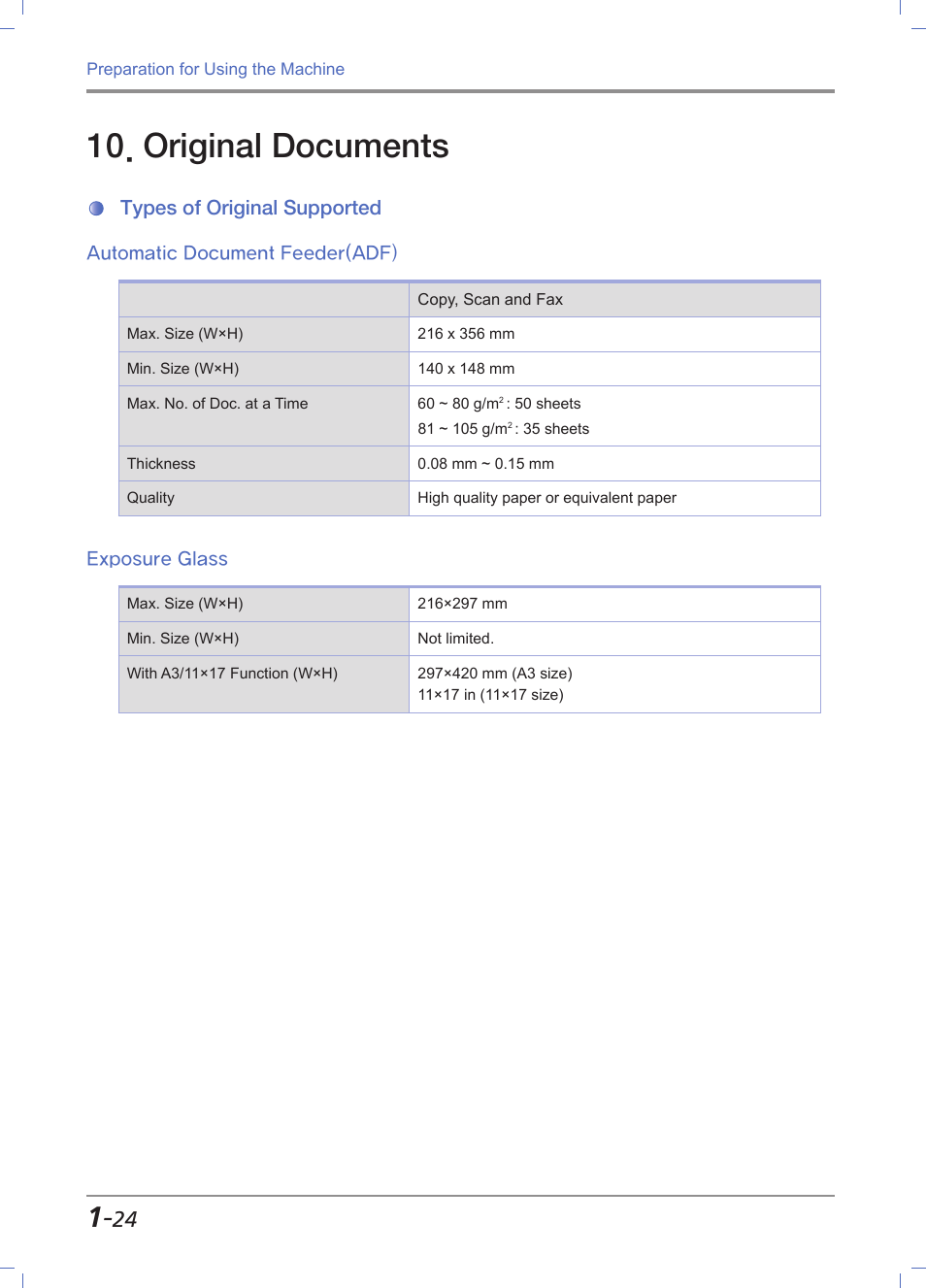 Original documents, Types of original supported, Automatic document feeder(adf) | Exposure glass, Original documents -24, Types of original supported -24, Automatic document feeder(adf) -24, Exposure glass -24 | Sindoh M611 User Manual | Page 52 / 258