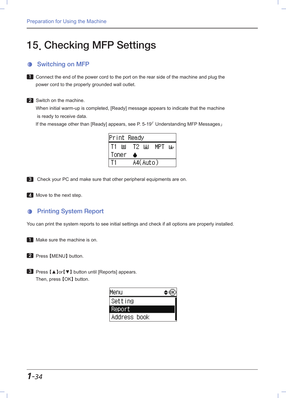 Checking mfp settings, Switching on mfp, Printing system report | Checking mfp settings -34, Switching on mfp -34, Printing system report -34 | Sindoh M611 User Manual | Page 62 / 258