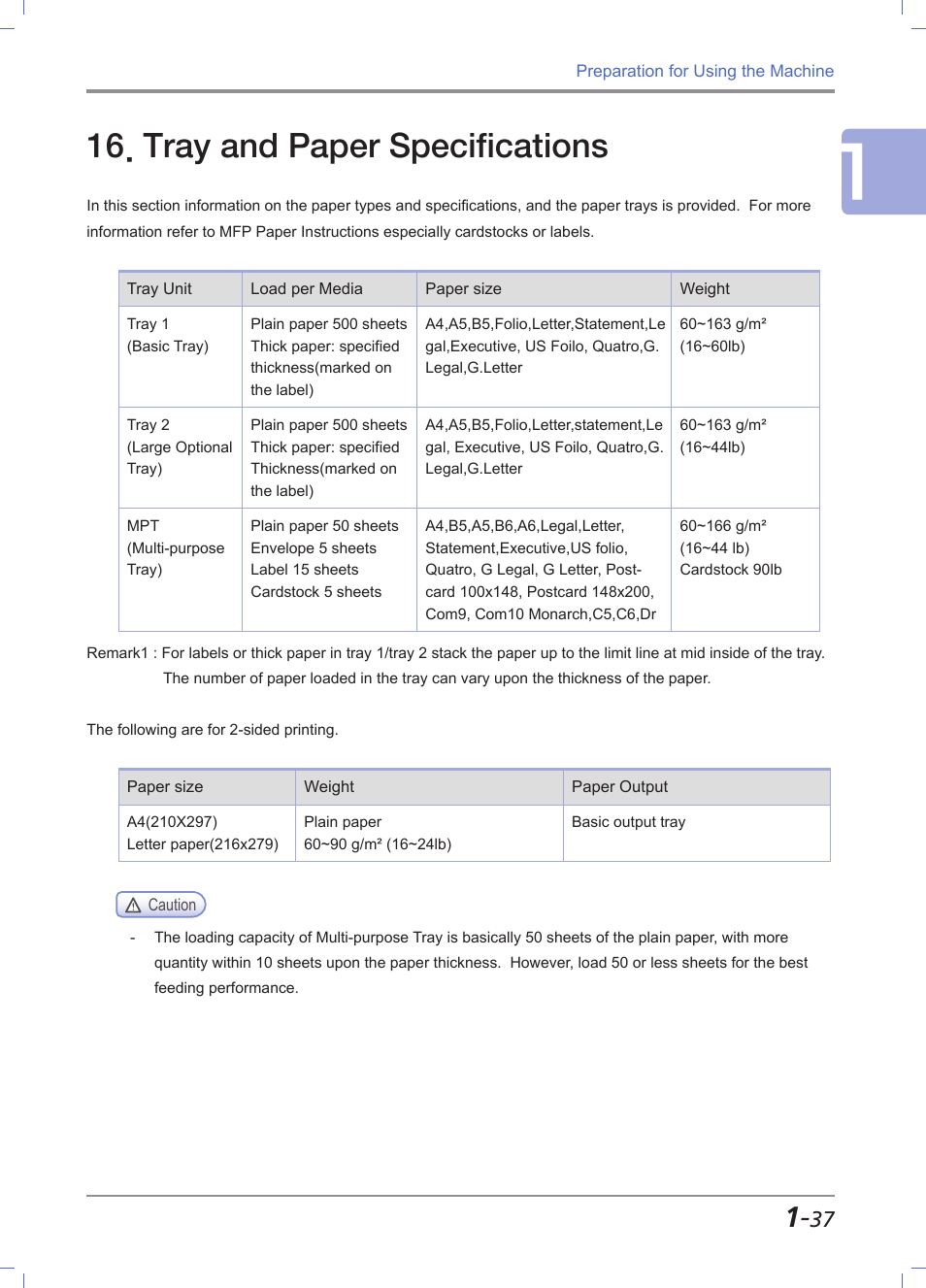 Tray and paper specifications, Tray and paper specifications -37 | Sindoh M611 User Manual | Page 65 / 258