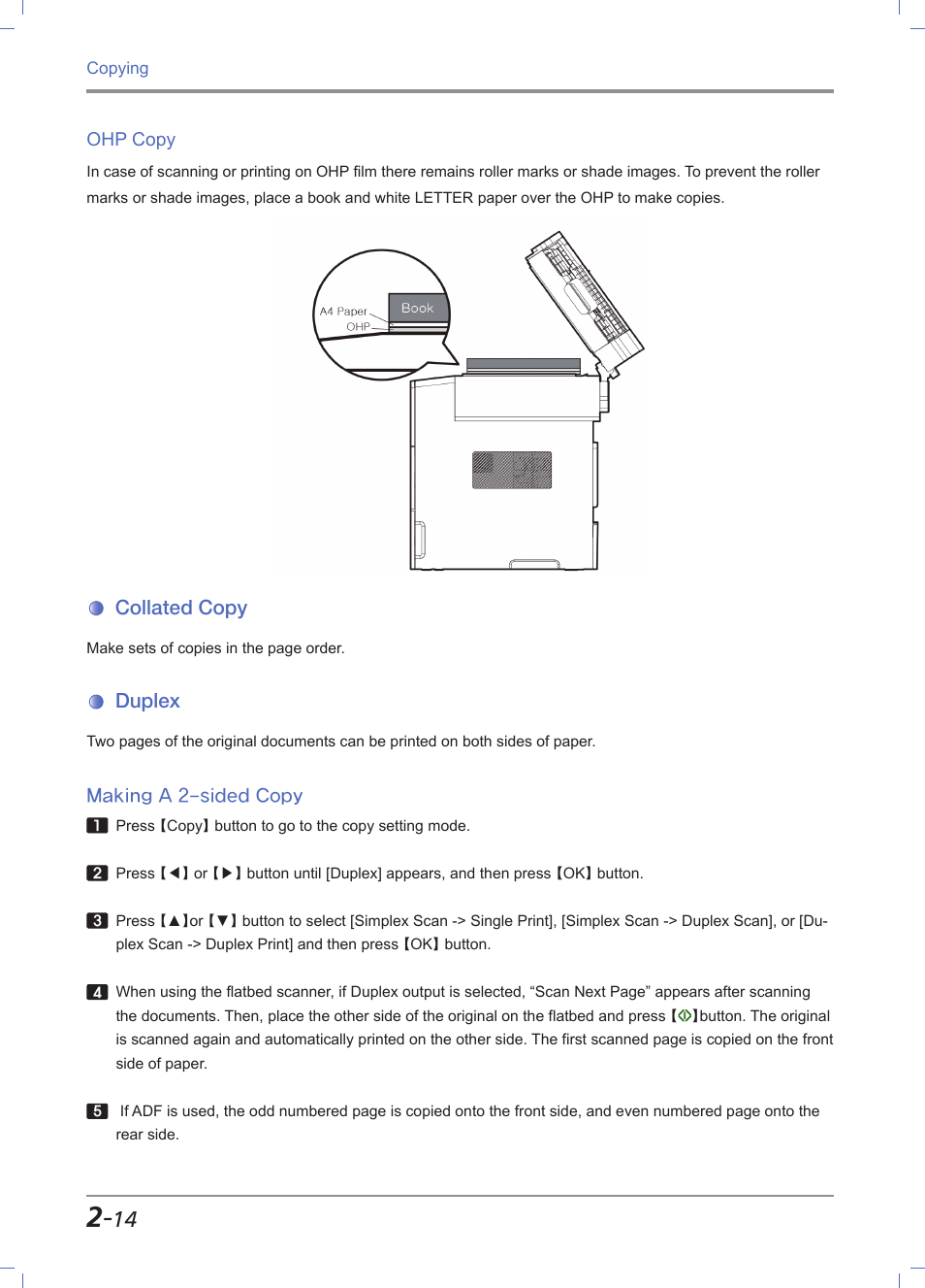 Ohp copy, Collated copy, Duplex | Making a 2-sided copy, Ohp copy -14, Collated copy -14, Duplex -14, Making a 2-sided copy -14 | Sindoh M611 User Manual | Page 82 / 258