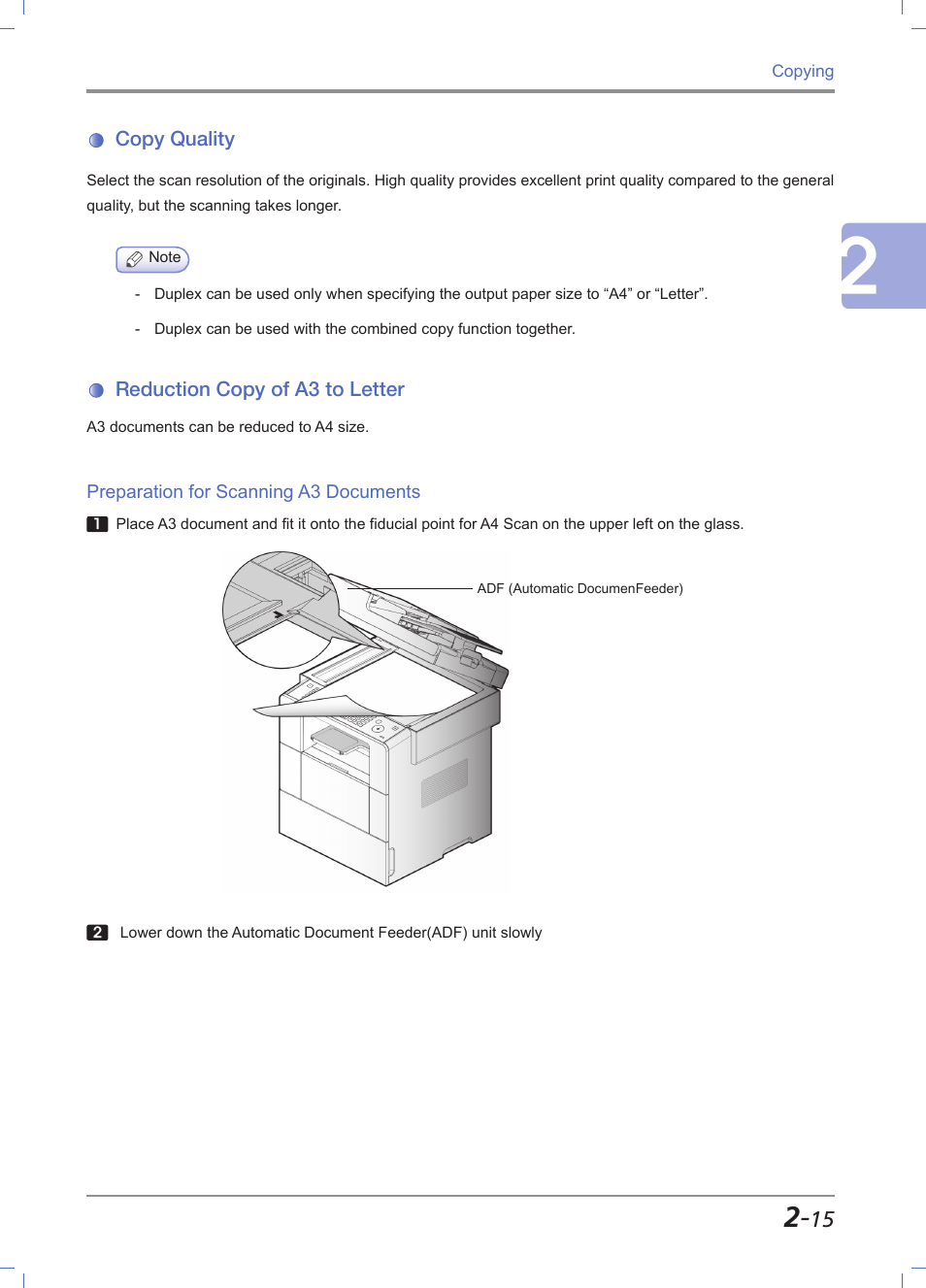 Copy quality, Reduction copy of a3 to letter, Preparation for scanning a3 documents | Copy quality -15, Reduction copy of a3 to letter -15, Preparation for scanning a3 documents -15 | Sindoh M611 User Manual | Page 83 / 258