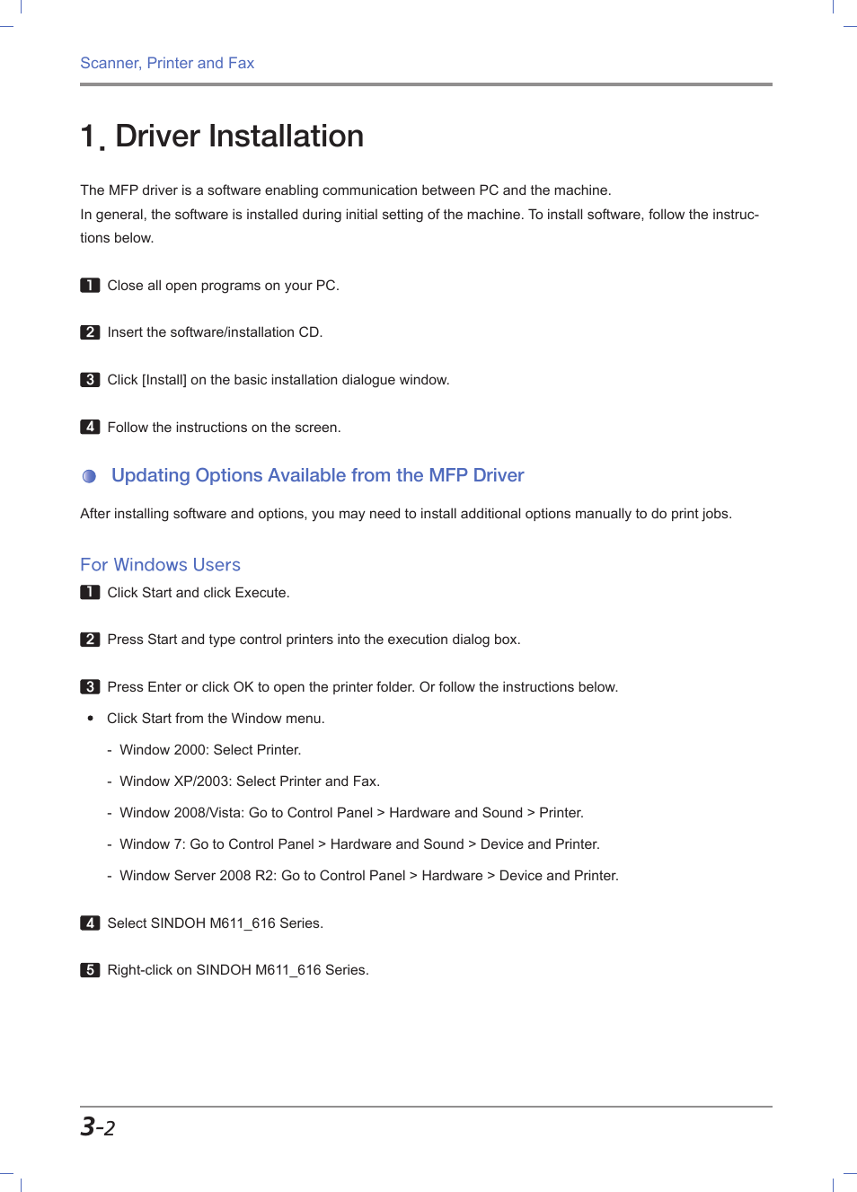 Driver installation, Updating options available from the mfp driver, For windows users | Driver installation -2, Updating options available from the mfp driver -2, For windows users -2 | Sindoh M611 User Manual | Page 86 / 258