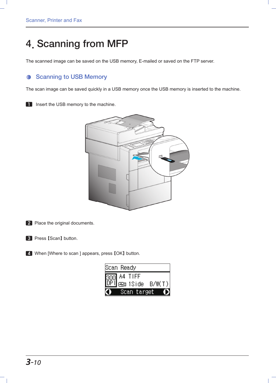 Scanning from mfp, Scanning to usb memory, Scanning from mfp -10 | Scanning to usb memory -10 | Sindoh M611 User Manual | Page 94 / 258