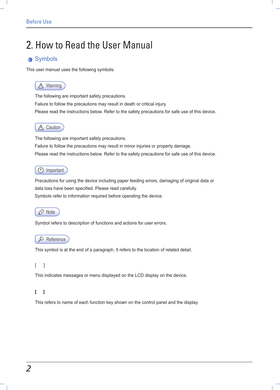 How to read the user manual, Symbols | Sindoh A610dn User Manual | Page 10 / 128