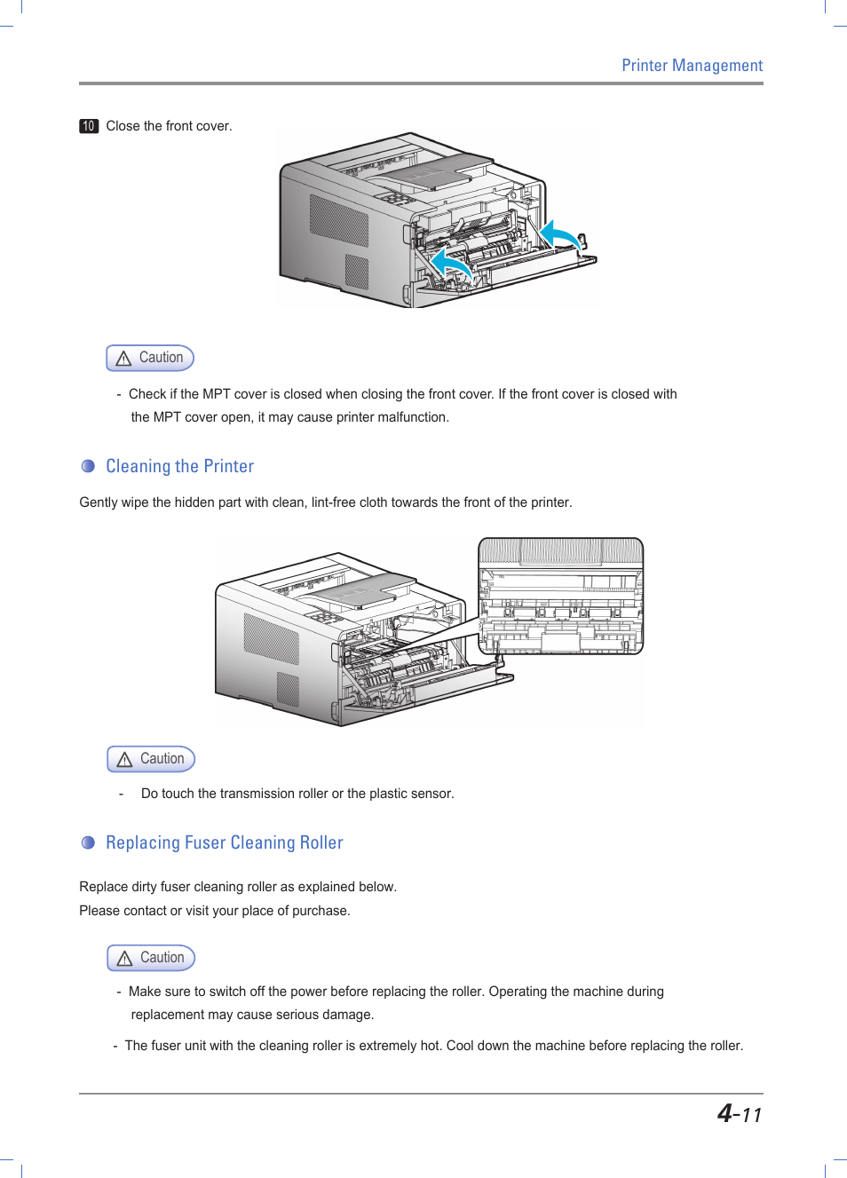 Cleaning the printer, Replacing fuser cleaning roller, Cleaning the printer -11 | Replacing fuser cleaning roller -11, Device cleaning」 p. 4-11 | Sindoh A610dn User Manual | Page 101 / 128