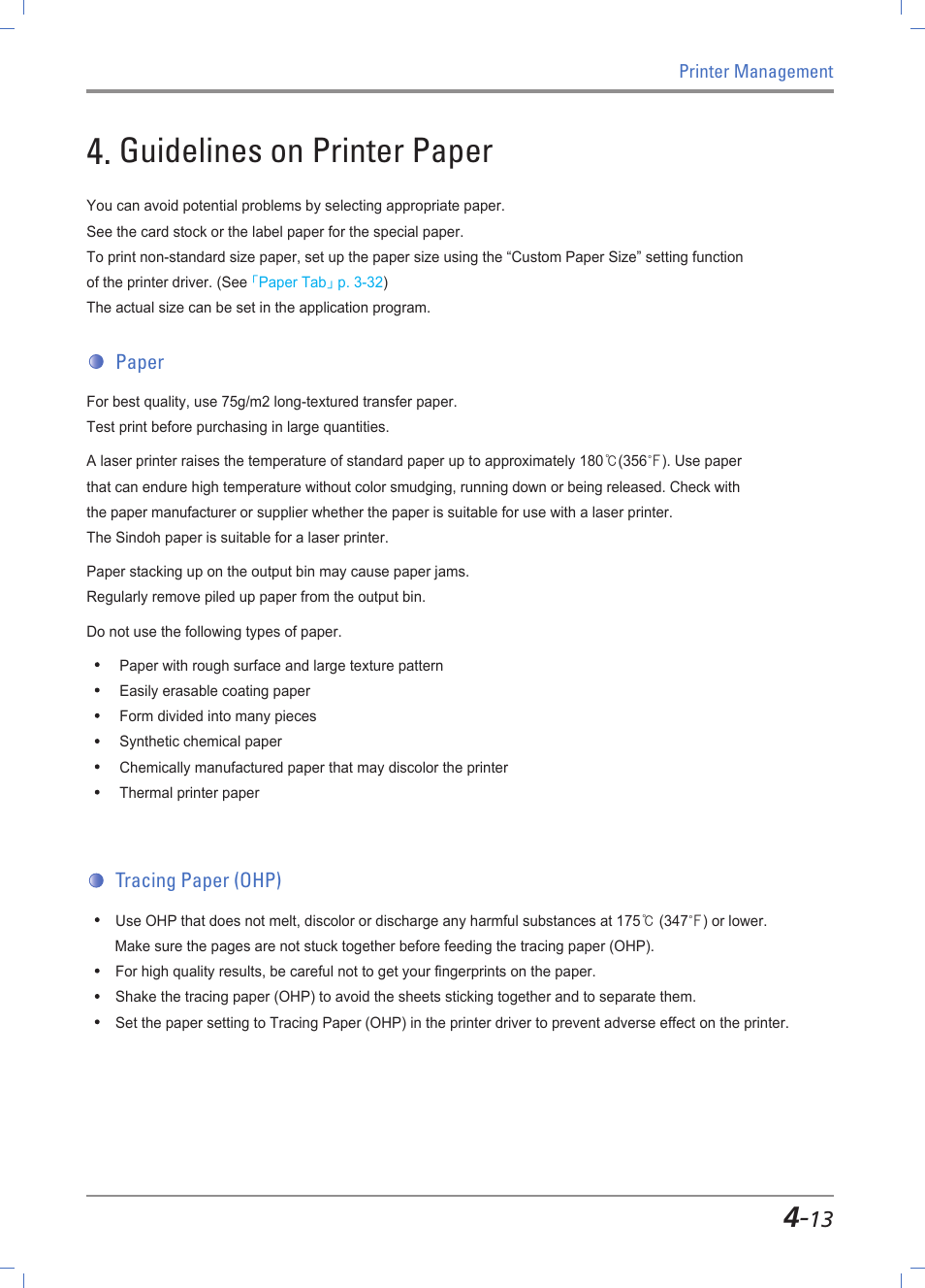 Guidelines on printer paper, Paper, Tracing paper (ohp) | Print paper guidelines -13, Paper -13, Tracing paper (ohp) -13 | Sindoh A610dn User Manual | Page 103 / 128