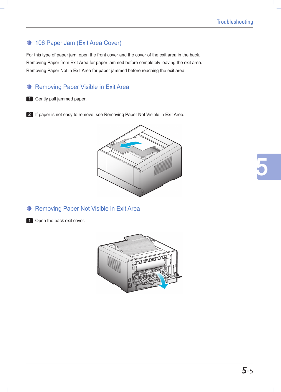 106 paper jam (exit area cover), Removing paper visible in exit area, Removing paper not visible in exit area | 106 paper jam (in back exit area) -5, Removing paper visible in exit area -5, Removing paper not visible in exit area -5 | Sindoh A610dn User Manual | Page 111 / 128