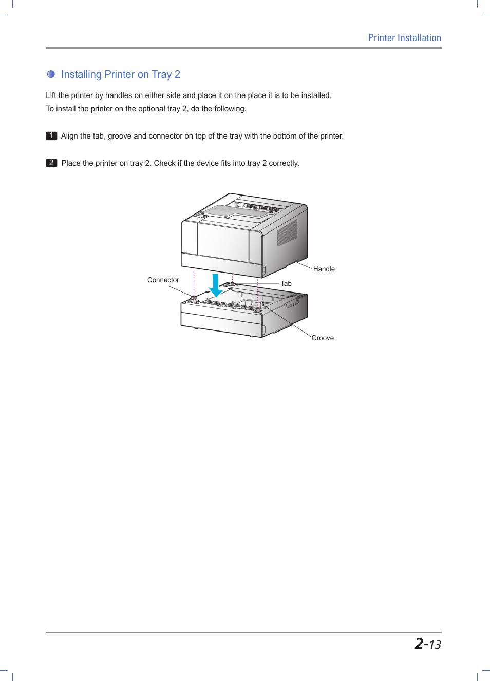 Installing printer on tray 2, Installing printer on tray 2 -13 | Sindoh A610dn User Manual | Page 35 / 128
