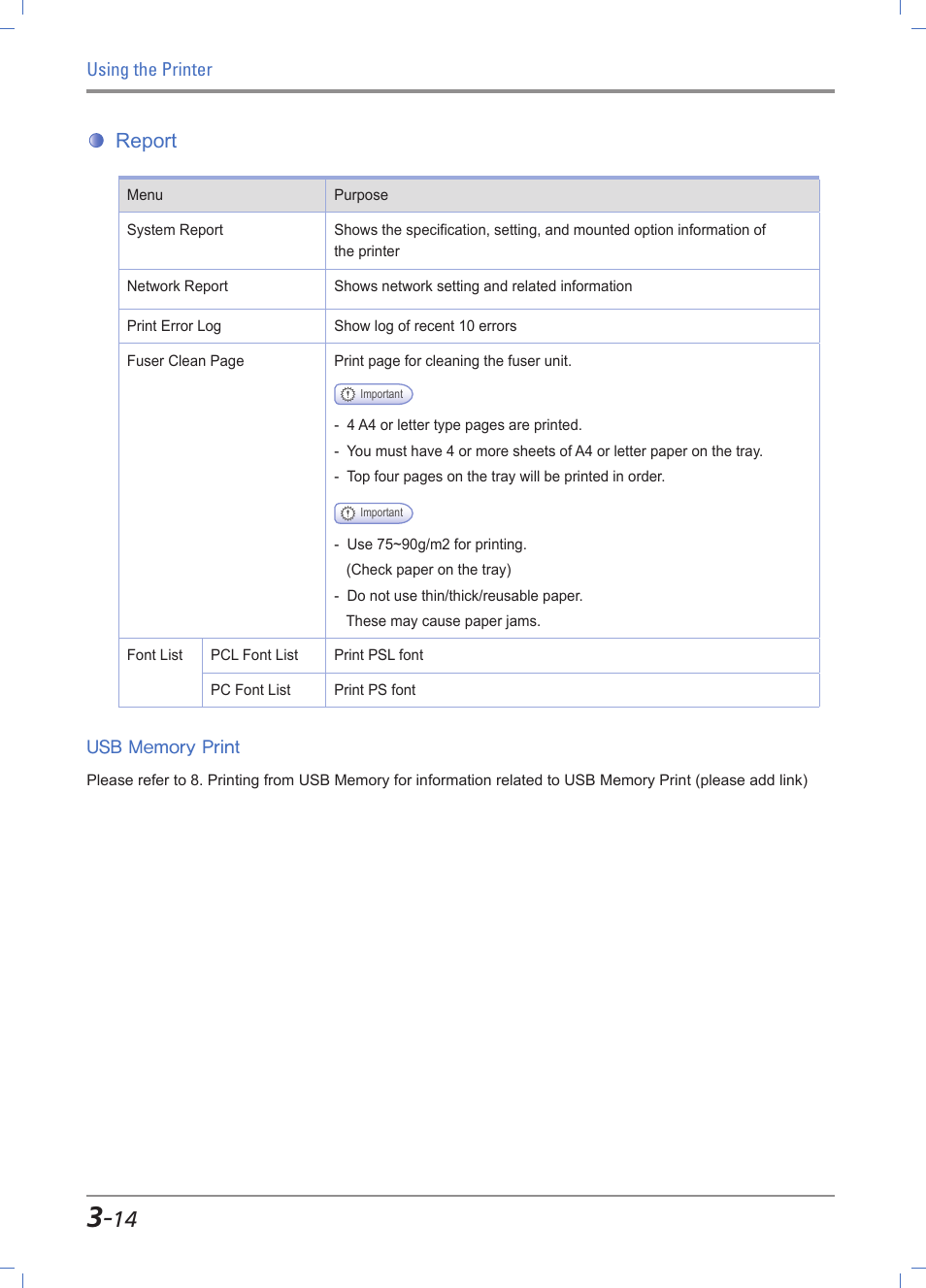 Understanding printer messages, Report -14, Usb memory print -14 | Report | Sindoh A610dn User Manual | Page 58 / 128