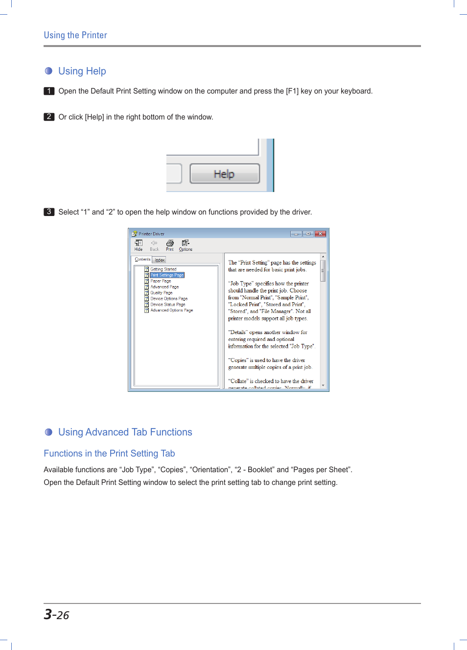 Using help -26, Using advanced functions in each tab -26, Print settings tab functions -26 | Sindoh A610dn User Manual | Page 70 / 128
