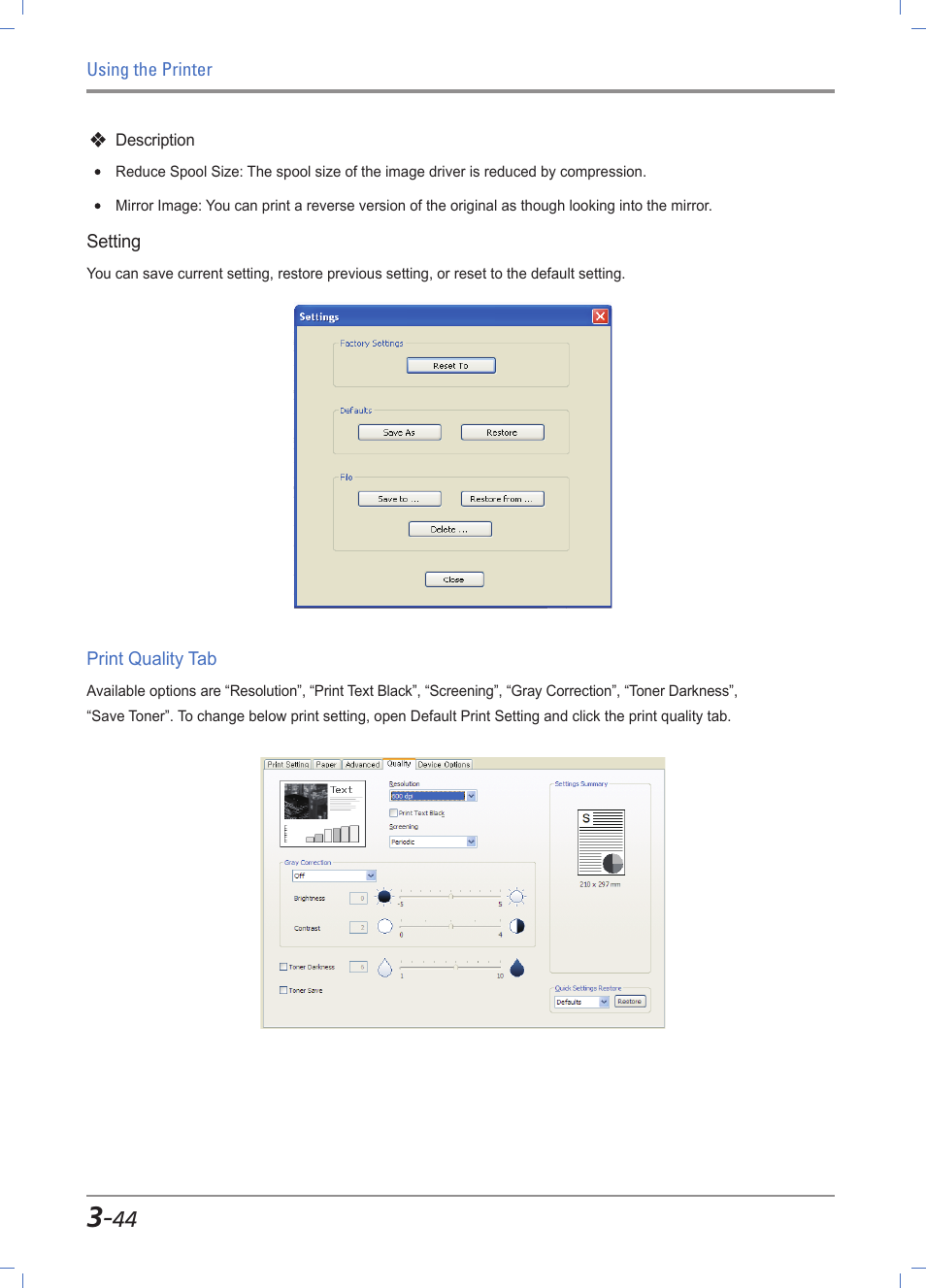 Print quality tab functions -44 | Sindoh A610dn User Manual | Page 88 / 128