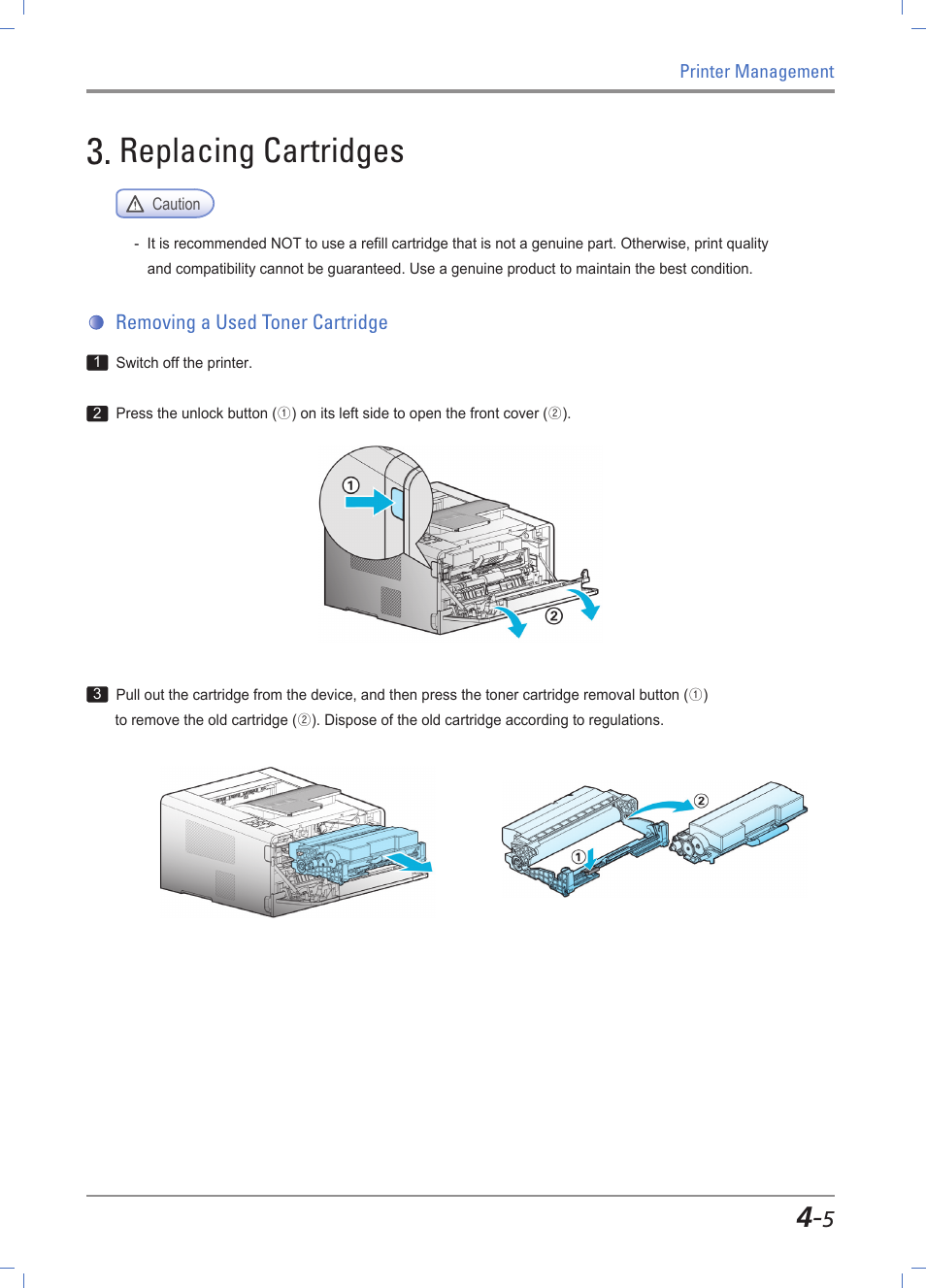 Replacing cartridges, Removing a used toner cartridge, Replacing cartridges -5 | Removing used cartridge -5, For more information, see, Cartridge replacement」 p. 4-5 | Sindoh A610dn User Manual | Page 95 / 128