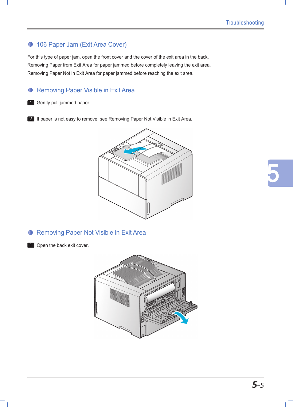 106 paper jam (exit area cover), Removing paper visible in exit area, Removing paper not visible in exit area | 106 paper jam (in back exit area) -5, Removing paper visible in exit area -5, Removing paper not visible in exit area -5 | Sindoh A611dn User Manual | Page 109 / 126