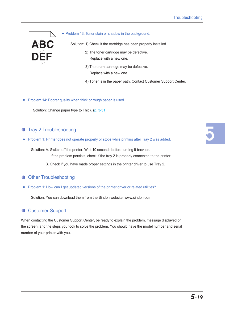 Tray 2 troubleshooting, Other troubleshooting, Customer support | Tray 2 troubleshooting -19, Others -19, Customer support -19 | Sindoh A611dn User Manual | Page 123 / 126