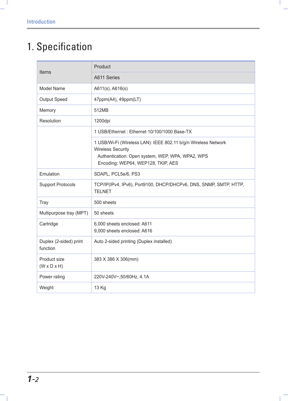 Specification, Printer specifications -2 | Sindoh A611dn User Manual | Page 18 / 126