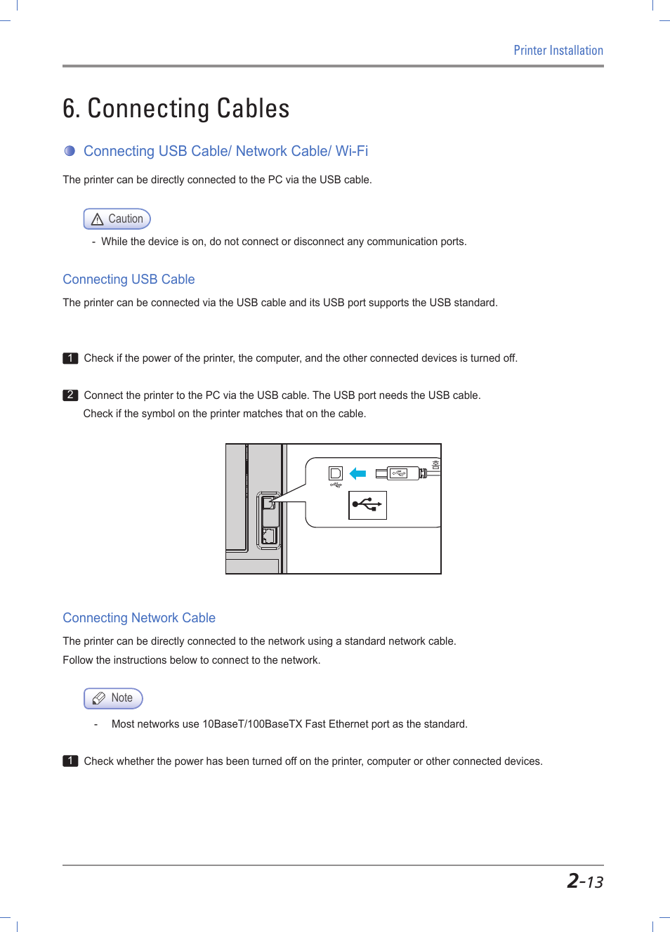 Connecting cables, Connecting usb cable/ network cable/ wi-fi, Connecting usb cable | Connecting network cable, Cable connection -13, Connecting usb cable/network cable/wi-fi -13, Usb cable connection -13, Network cable connection -13 | Sindoh A611dn User Manual | Page 37 / 126